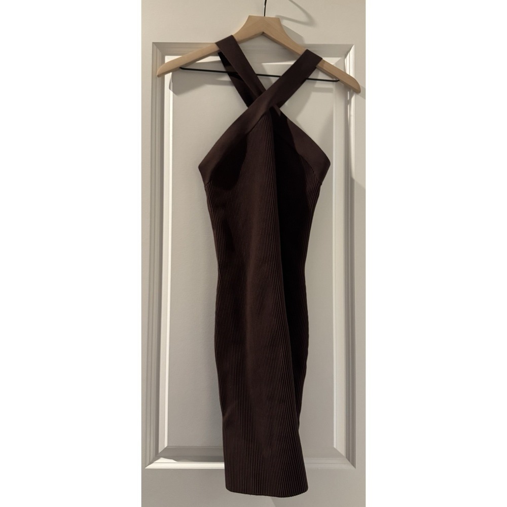 Babaton Aritzia Halter Mini Dress Brown Rib Knit Bodycon Stretch Women L